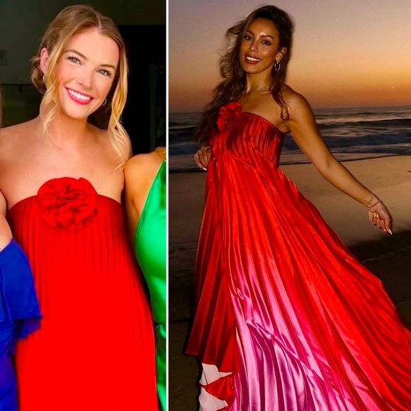 Delfi Collective Kimberly Ombre Pleated Rosette Strapless Dress Red Pink Medium - Picture 15 of 16